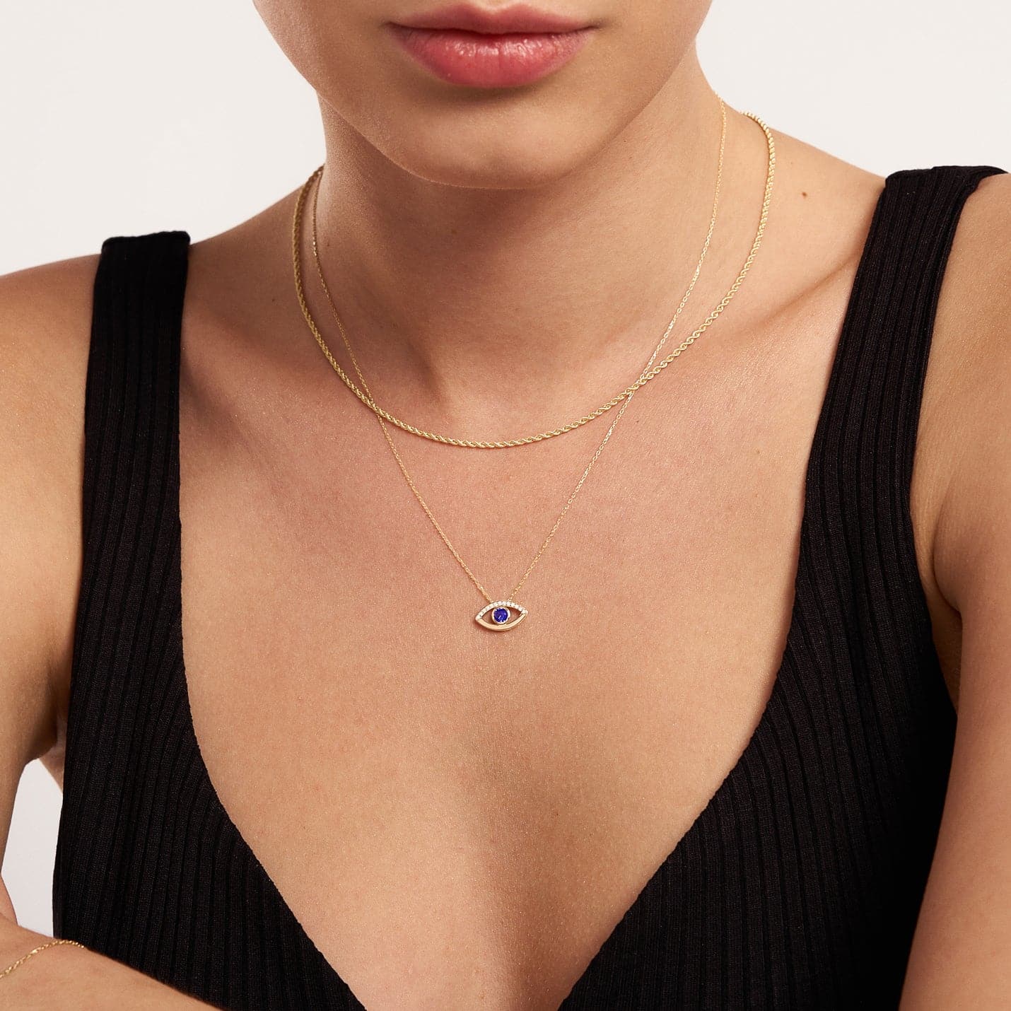 Diamond & Sapphire Open Evil Eye Pendant Necklace in 14K Gold