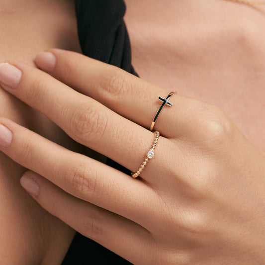 Sideway Cross enamel ring made of 585 solid gold